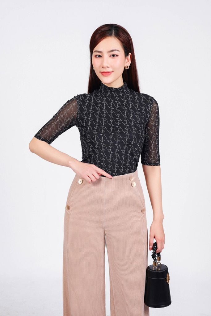 FQD91150 - Quần công sở vải nhung dáng suông ống đứng cạp liền hông đính khuy tạo kiểu - PANTIO