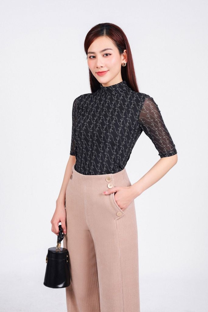 FQD91150 - Quần công sở vải nhung dáng suông ống đứng cạp liền hông đính khuy tạo kiểu - PANTIO