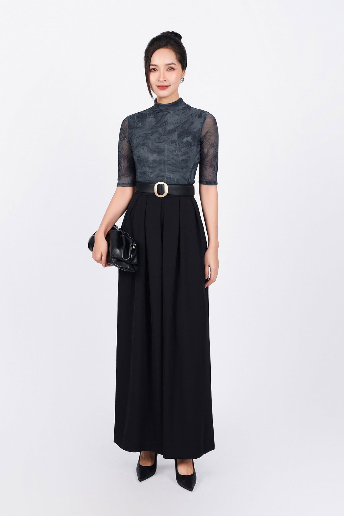 FAT9437 - Áo thun cao cấp vải lưới co giãn dáng ôm cổ cao tay lửng - PANTIO