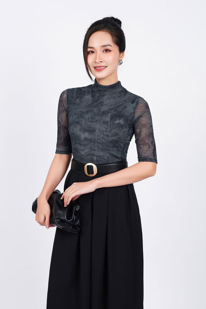 FAT9437 - Áo thun cao cấp vải lưới co giãn dáng ôm cổ cao tay lửng - PANTIO