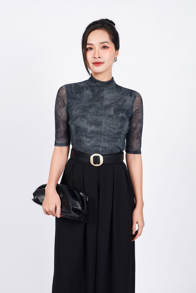 FAT9437 - Áo thun cao cấp vải lưới co giãn dáng ôm cổ cao tay lửng - PANTIO