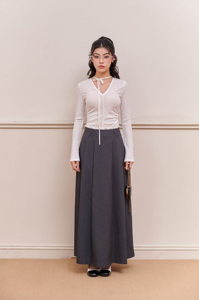 FAT9448 - Áo dáng ôm, cổ tim sâu, tay dài, chun rún thân trước, dây buộc nơ cổ bản nhỏ - JAN.