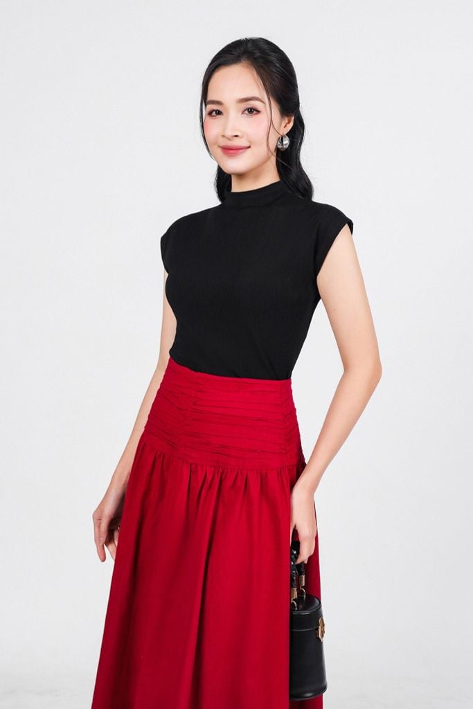 FJD51210 - Chân váy công sở vải linen hai lớp lót boi dáng chữ A dài eo đáp cạp bản to xếp nhún khoá thân sau - PANTIO