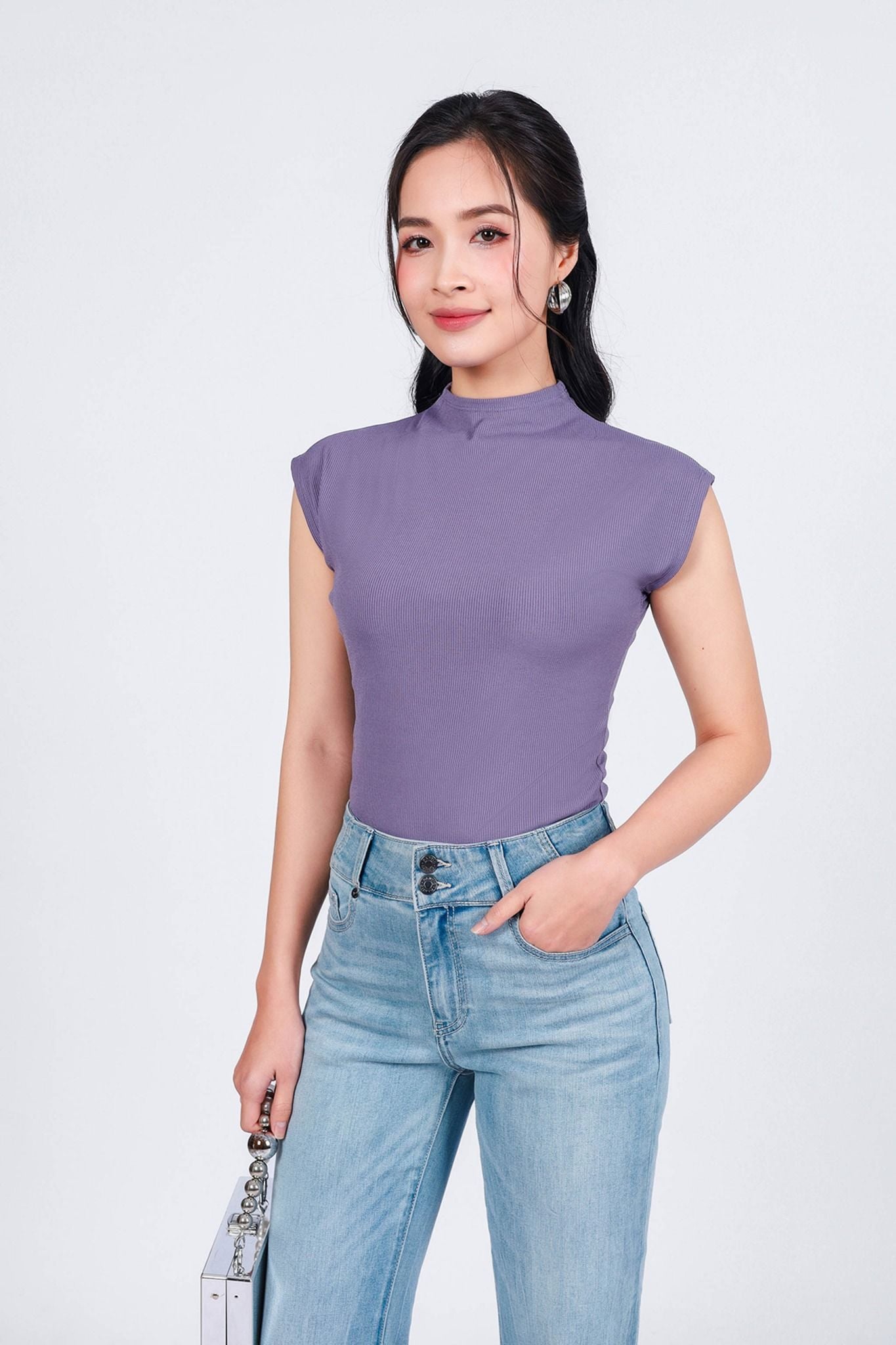 FAT9476 - Áo thun cao cấp vải len tăm dáng ôm cổ cao vai chờm - PANTIO