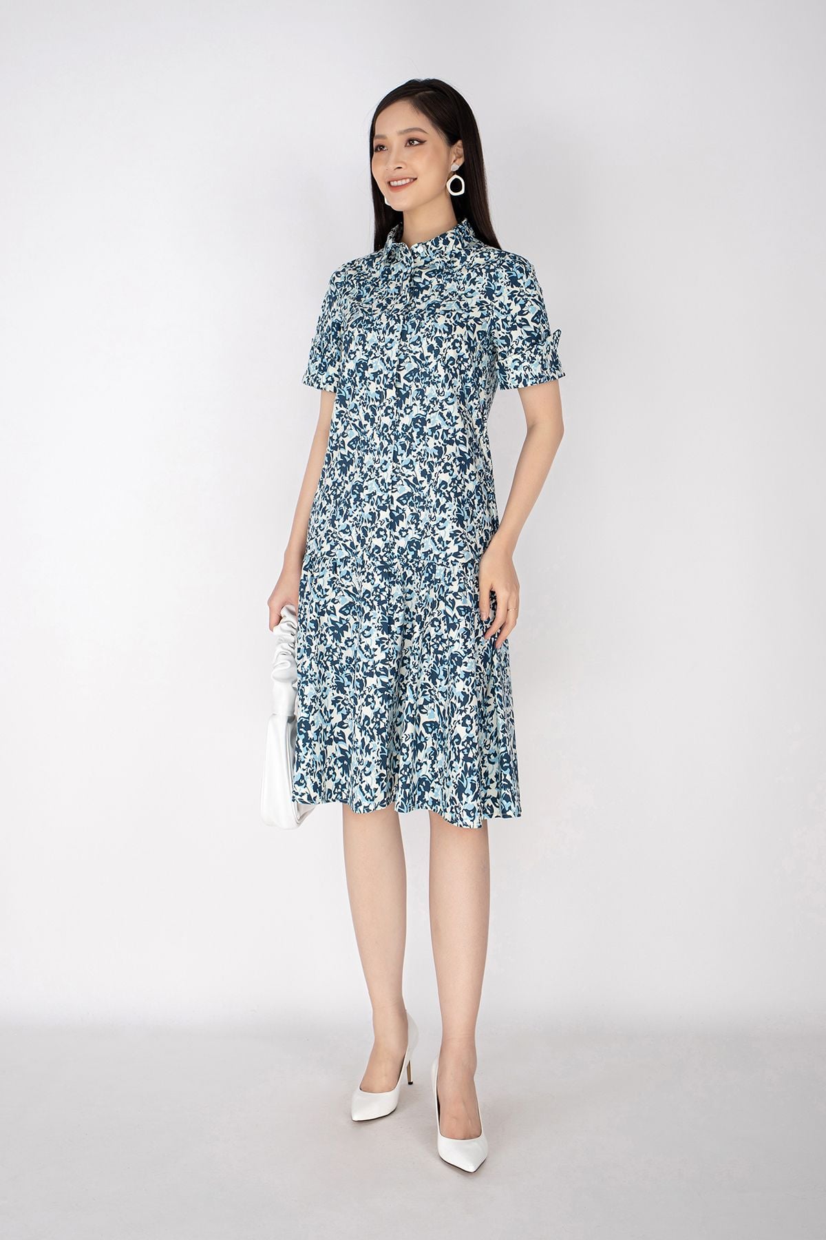 FDC13343 - Đầm công sở vải thô dáng xòe cổ đức tay lật măng séc - PANTIO