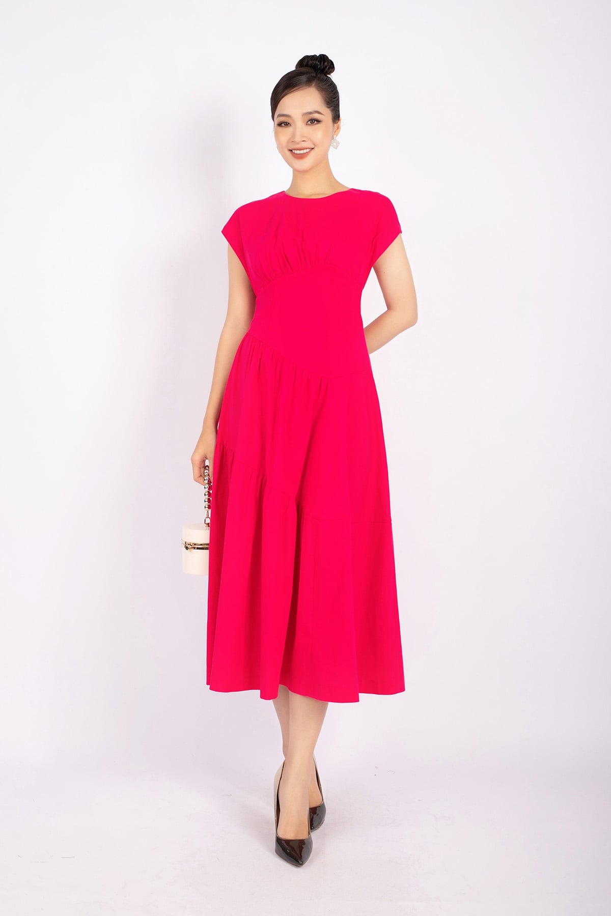 FDC13663 - tỷ lệ kèo 8899 vải linen dáng Xoè cổ tròn vai chờm thân xếp nhún khóa thân sau - tỷ lệ kèo 8899