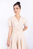 FDC13672 - Đầm công sở vải linen dáng Xoè cổ V thân diễu chỉ phối túi tay phồng kèm đai tạo kiểu khóa thân sau - PANTIO