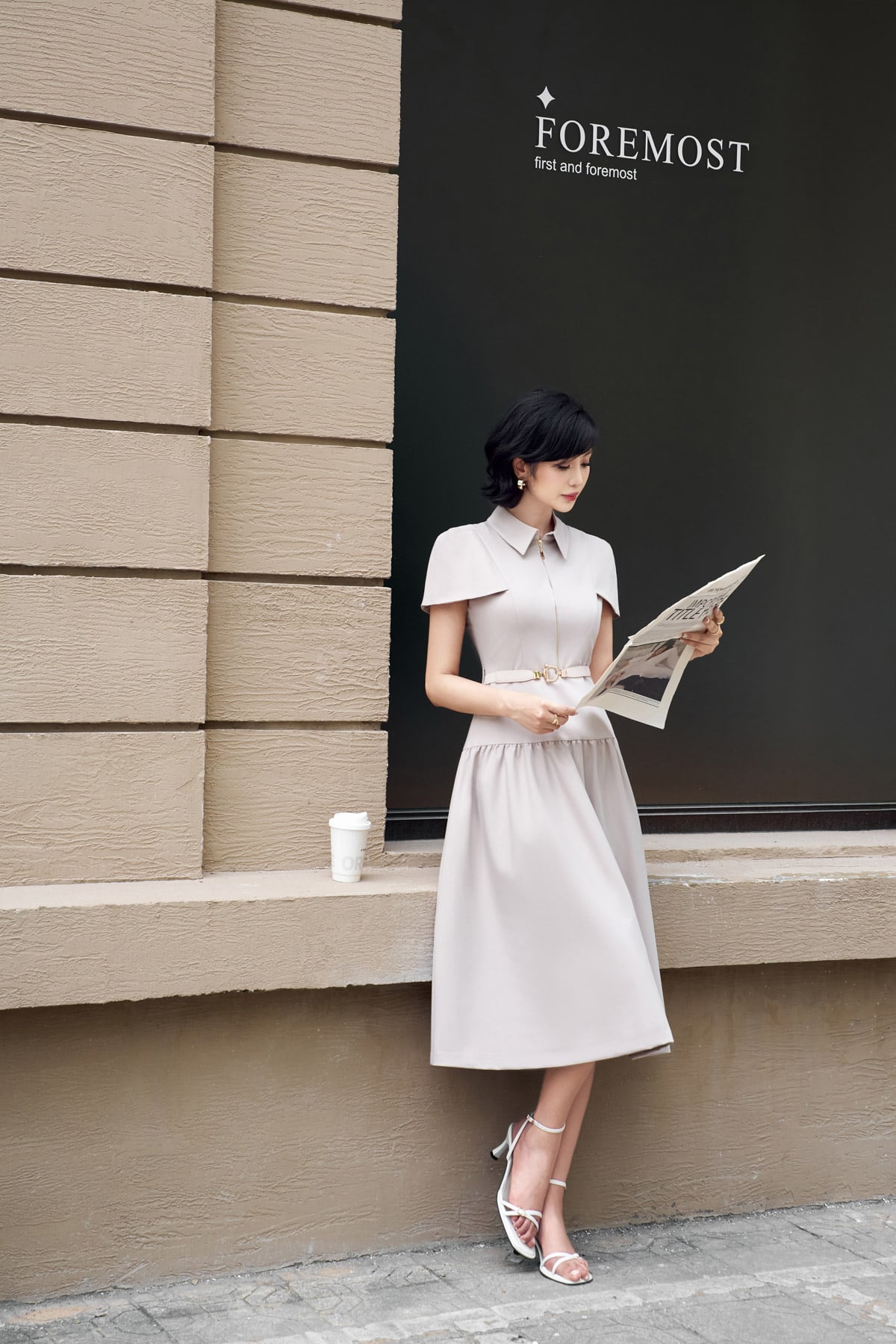 FDC14034 - Đầm công sở vải tuytsi dáng xoè có lót habutai cổ đức phối khoá đồng trang trí kèm thắt lưng tạo kiểu khoá thân sau - PANTIO