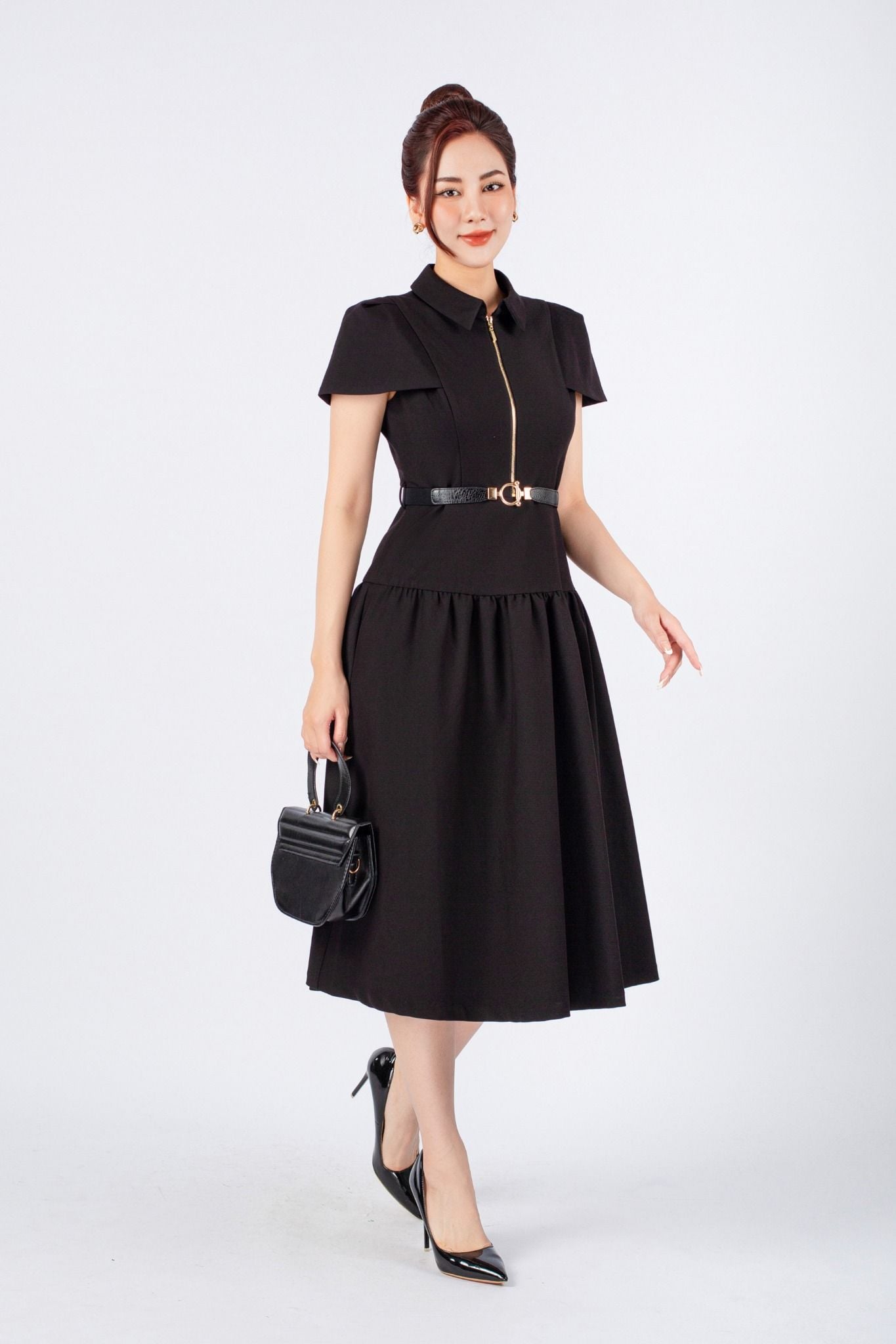 FDC14034 - Đầm công sở vải tuytsi dáng xoè có lót habutai cổ đức phối khoá đồng trang trí kèm thắt lưng tạo kiểu khoá thân sau - PANTIO