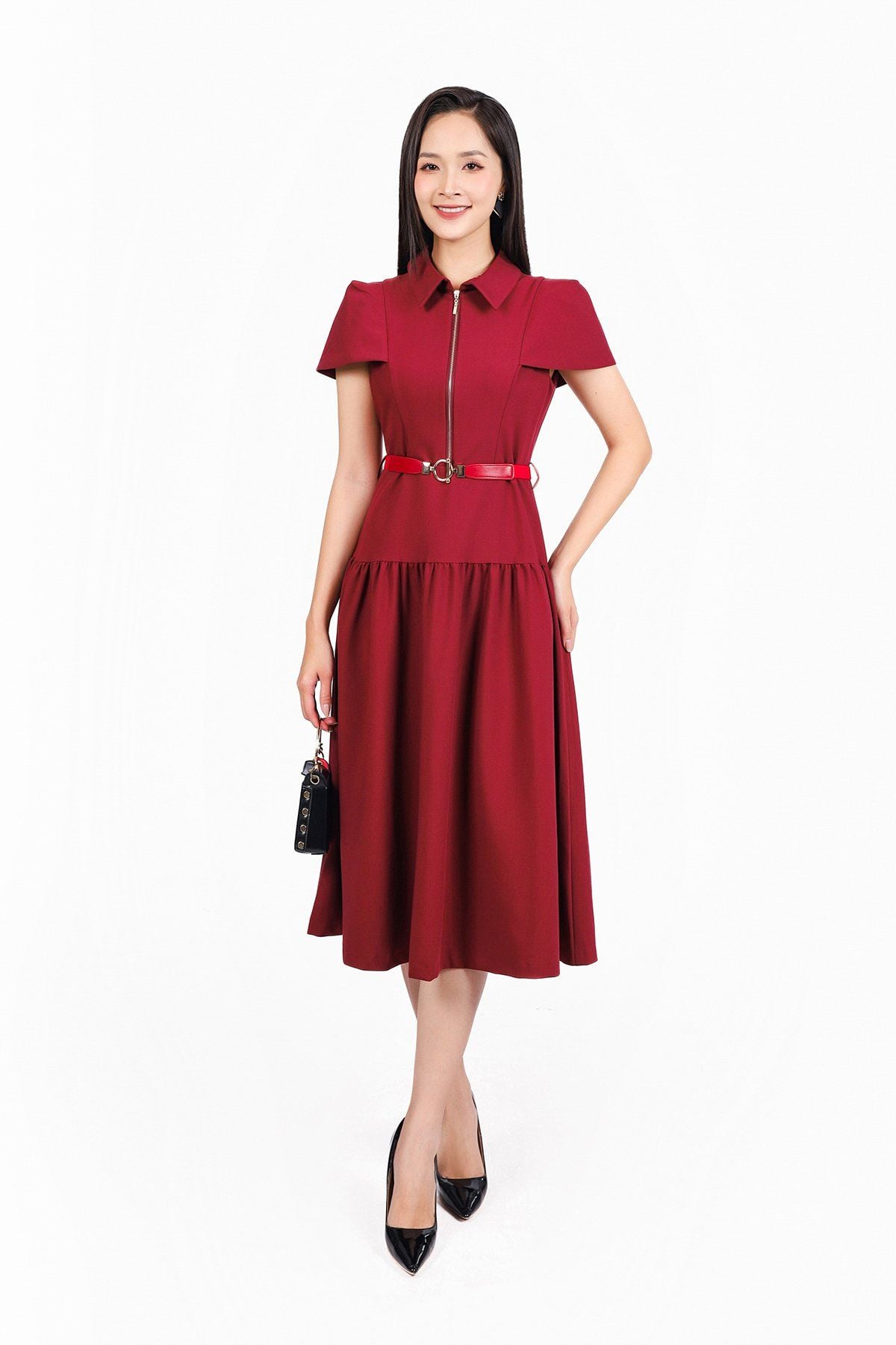 FDC14034 - Đầm công sở vải tuytsi dáng xoè có lót habutai cổ đức phối khoá đồng trang trí kèm thắt lưng tạo kiểu khoá thân sau - PANTIO