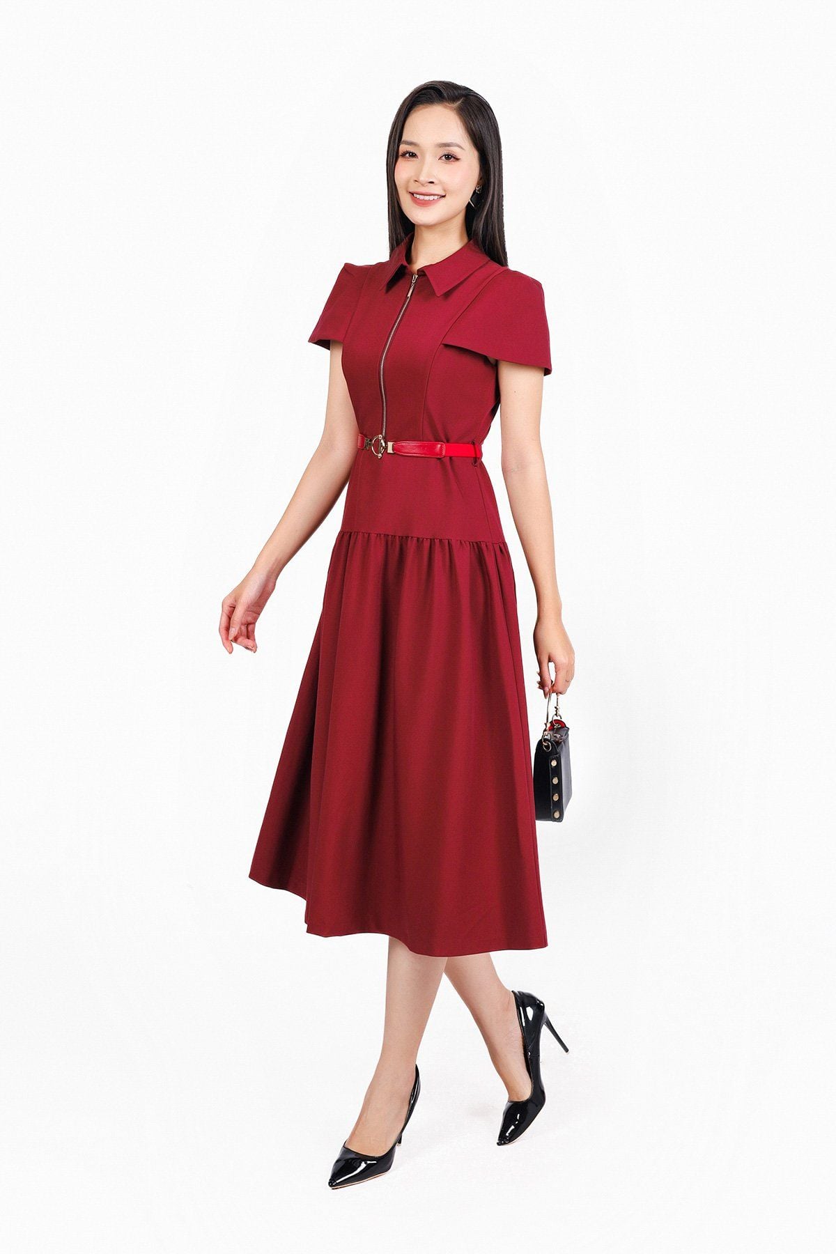 FDC14034 - Đầm công sở vải tuytsi dáng xoè có lót habutai cổ đức phối khoá đồng trang trí kèm thắt lưng tạo kiểu khoá thân sau - PANTIO