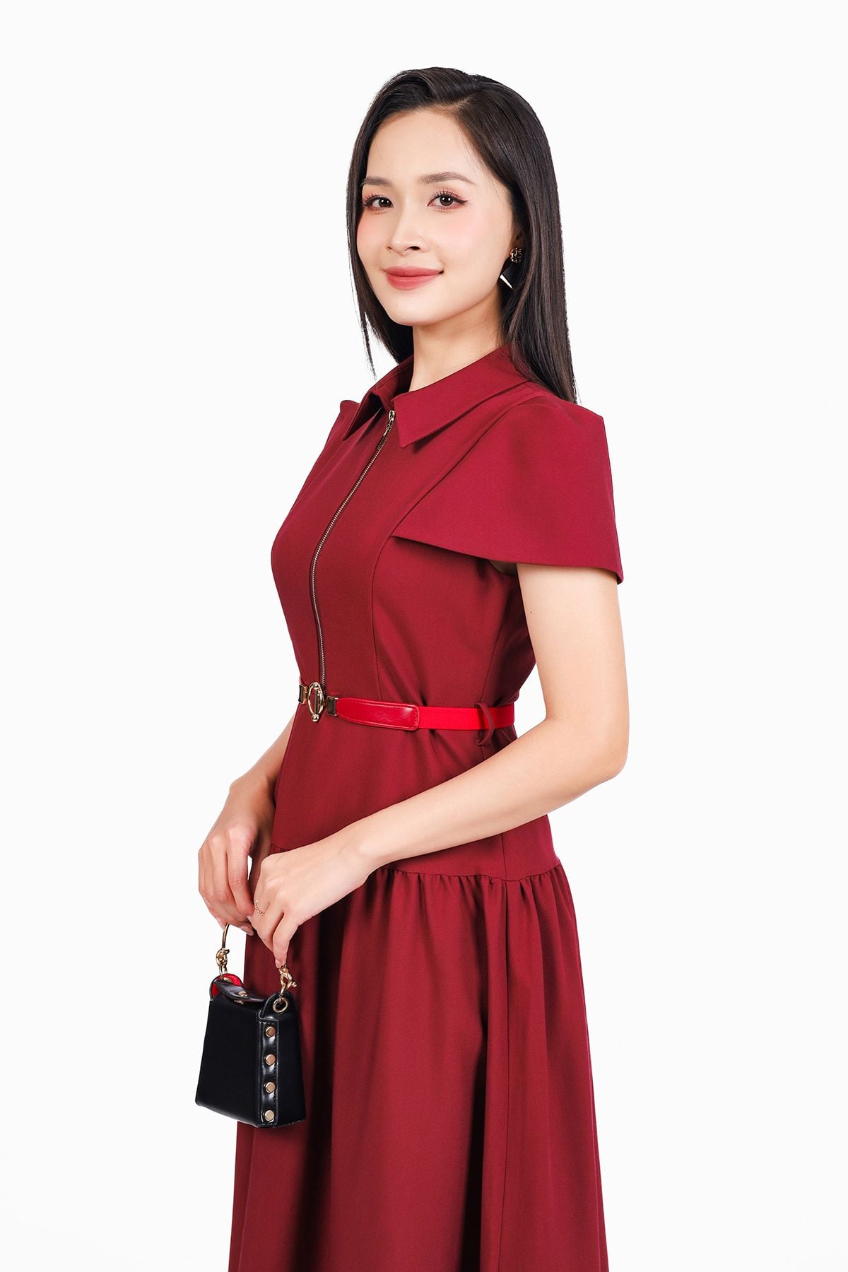 FDC14034 - Đầm công sở vải tuytsi dáng xoè có lót habutai cổ đức phối khoá đồng trang trí kèm thắt lưng tạo kiểu khoá thân sau - PANTIO