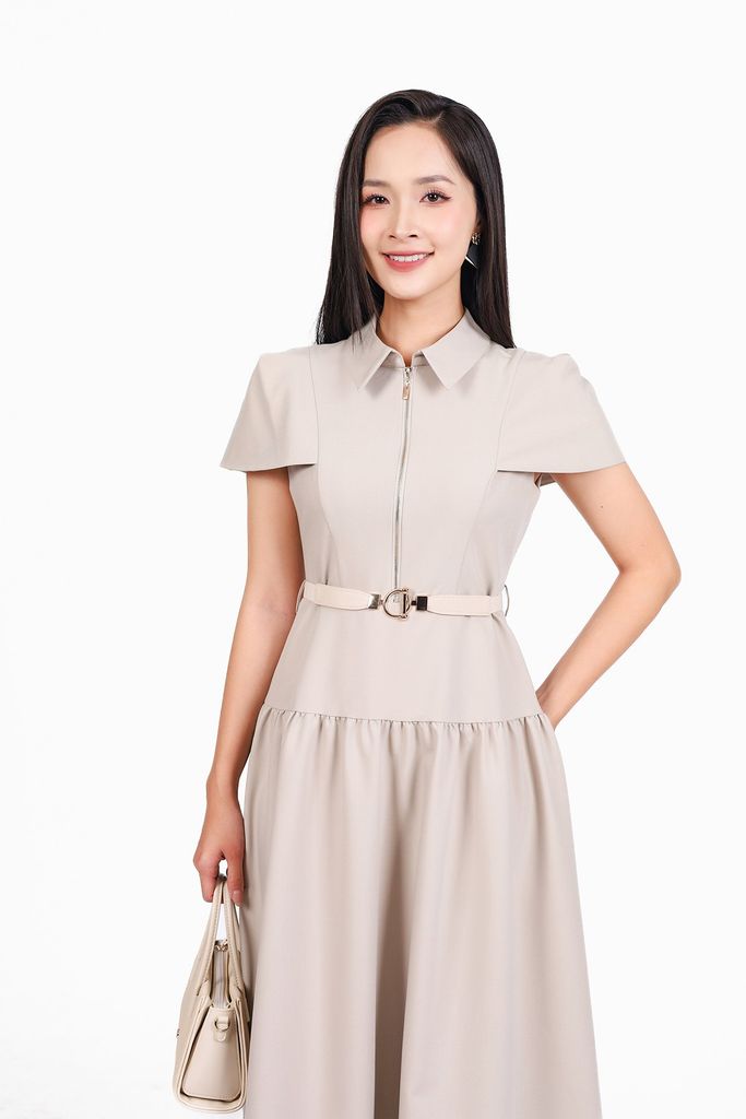 FDC14034 - Đầm công sở vải tuytsi dáng xoè có lót habutai cổ đức phối khoá đồng trang trí kèm thắt lưng tạo kiểu khoá thân sau - PANTIO