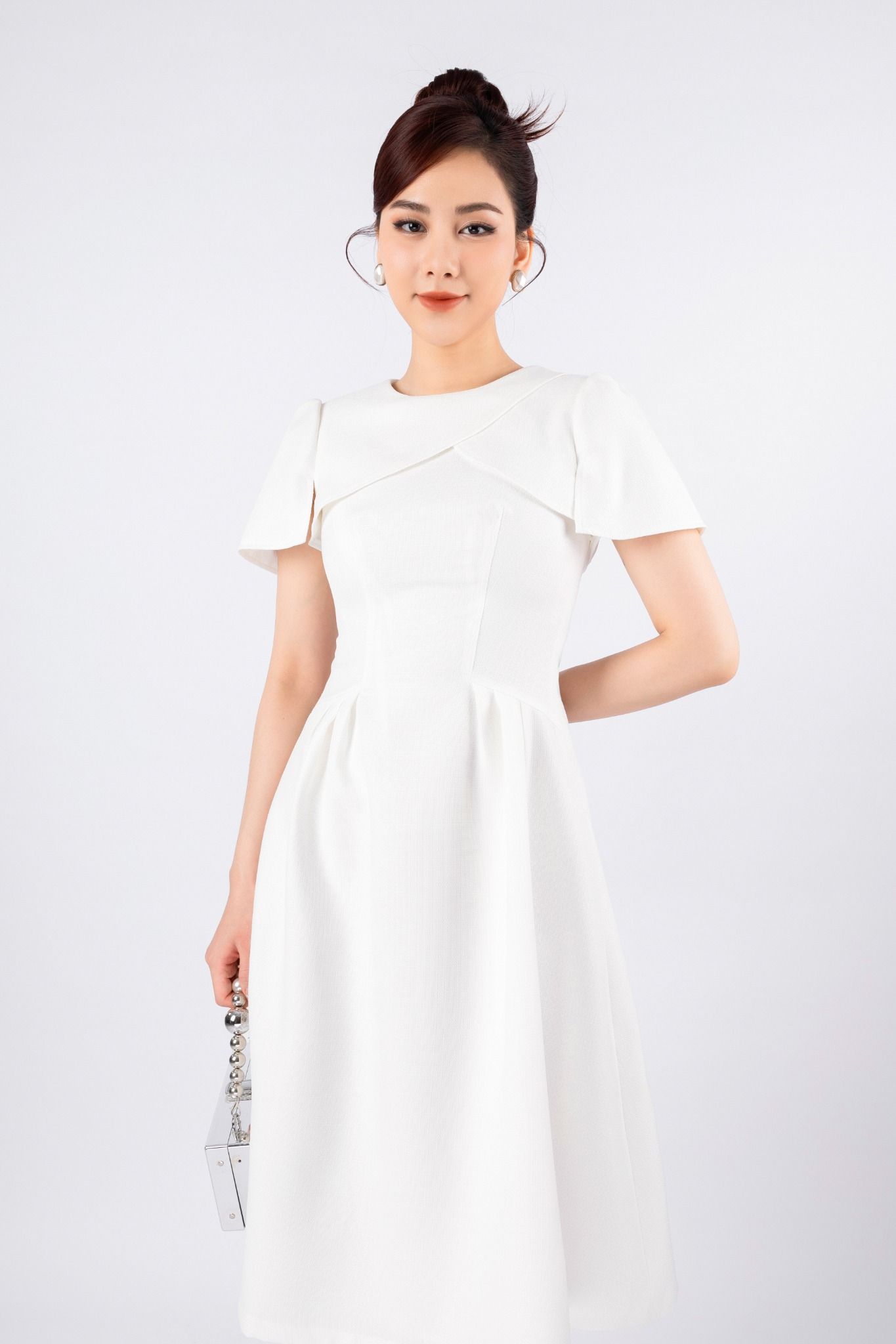 FDC14085 - Đầm công sở vải thô đũi dáng xòe có lót vải habutai cổ tròn thân ngực tạo kiểu eo phối ly bong khóa thân sau - PANTIO