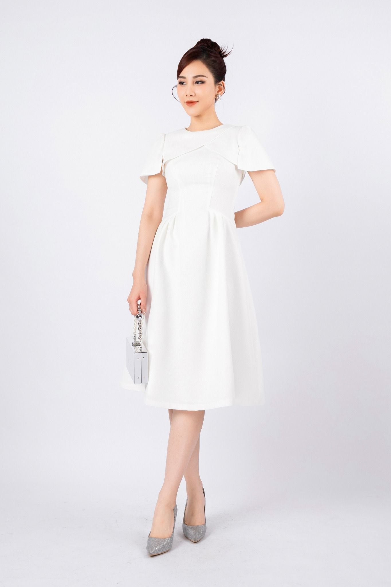 FDC14085 - Đầm công sở vải thô đũi dáng xòe có lót vải habutai cổ tròn thân ngực tạo kiểu eo phối ly bong khóa thân sau - PANTIO