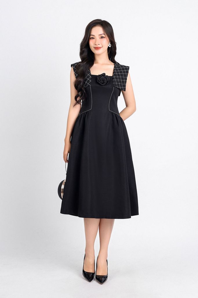 FDC14125 - Đầm công sở vải thô dáng xoè hai lớp lót habutai cổ vuông kèm hoa cài trang trí tay chờm vai thêu hoạ tiết kẻ caro eo nhún tạo kiểu khoá thân sau - PANTIO