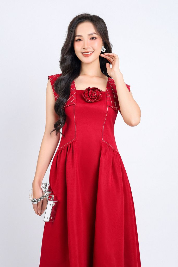 FDC14125 - Đầm công sở vải thô dáng xoè hai lớp lót habutai cổ vuông kèm hoa cài trang trí tay chờm vai thêu hoạ tiết kẻ caro eo nhún tạo kiểu khoá thân sau - PANTIO