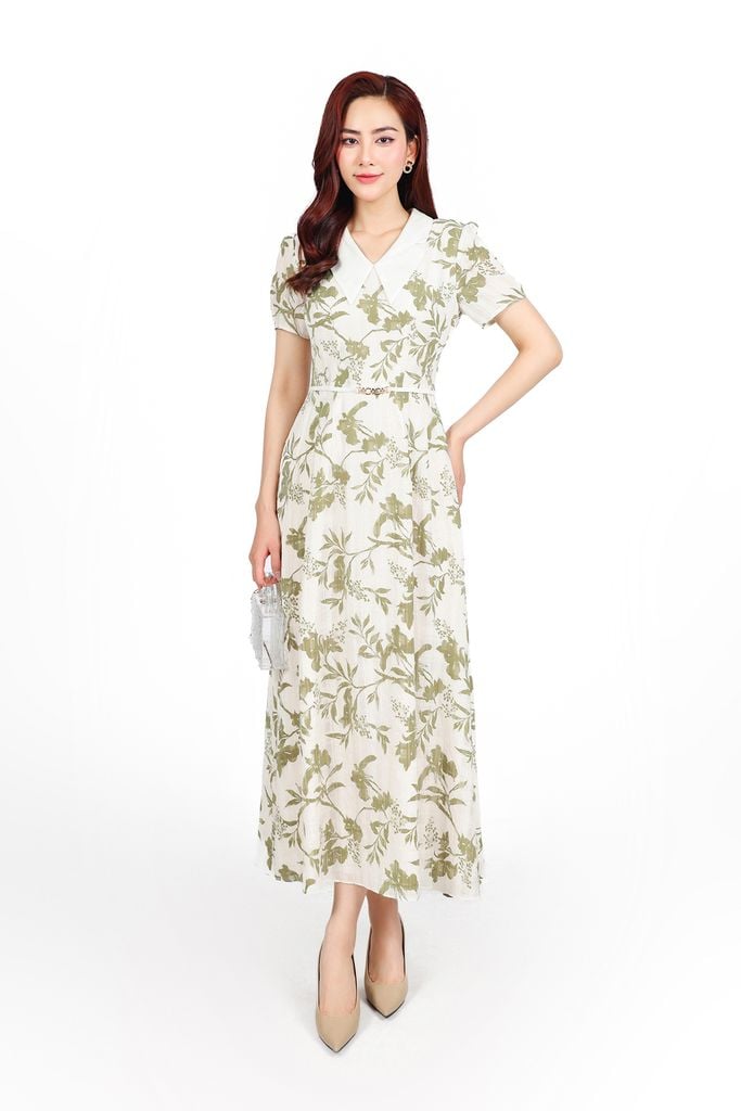 FDC15166 - Đầm công sở vải tơ hoa dáng suông cổ V tay cộc eo váy phối dây đai tạo kiểu khoá thân sau - PANTIO