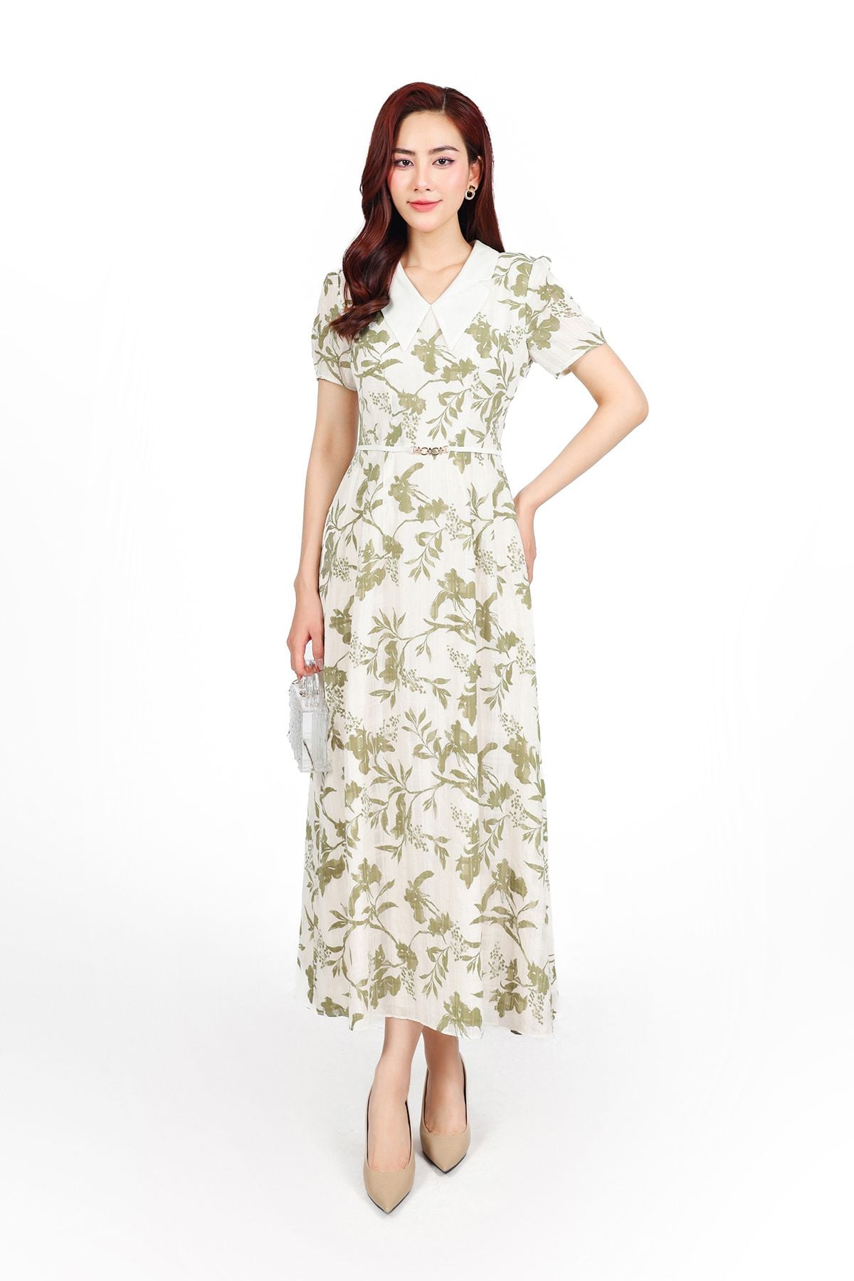 FDC15166 - Đầm công sở vải tơ hoa dáng suông cổ V tay cộc eo váy phối dây đai tạo kiểu khoá thân sau - PANTIO