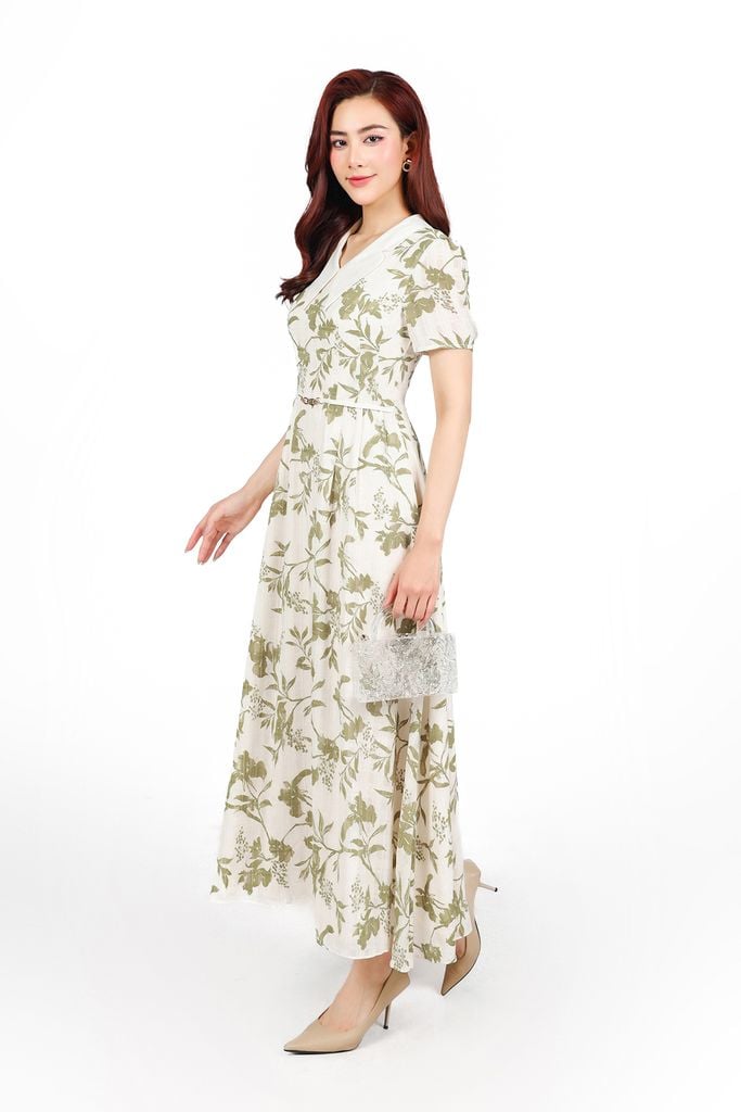 FDC15166 - Đầm công sở vải tơ hoa dáng suông cổ V tay cộc eo váy phối dây đai tạo kiểu khoá thân sau - PANTIO