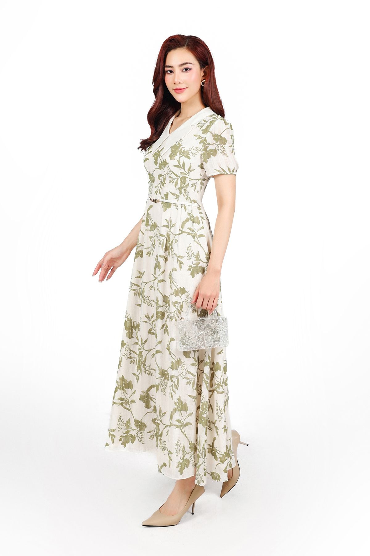 FDC15166 - Đầm công sở vải tơ hoa dáng suông cổ V tay cộc eo váy phối dây đai tạo kiểu khoá thân sau - PANTIO