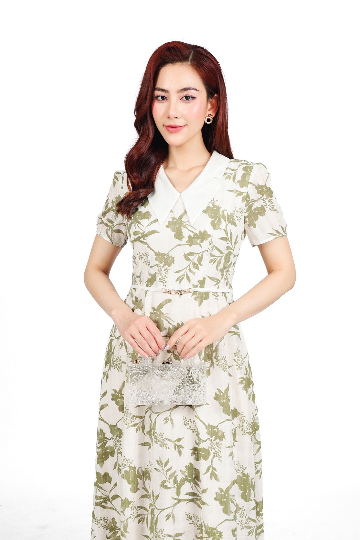 FDC15166 - Đầm công sở vải tơ hoa dáng suông cổ V tay cộc eo váy phối dây đai tạo kiểu khoá thân sau - PANTIO