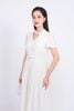 FDC15199 - Đầm công sở vải thô mỏng dáng A xòe cổ xẻ V phối vạt tay bồng nhẹ eo xếp ly bung tạo xoè kèm dây đai thắt eo - PANTIO