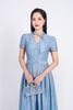 FDC15199 - Đầm công sở vải thô mỏng dáng A xòe cổ xẻ V phối vạt tay bồng nhẹ eo xếp ly bung tạo xoè kèm dây đai thắt eo - PANTIO