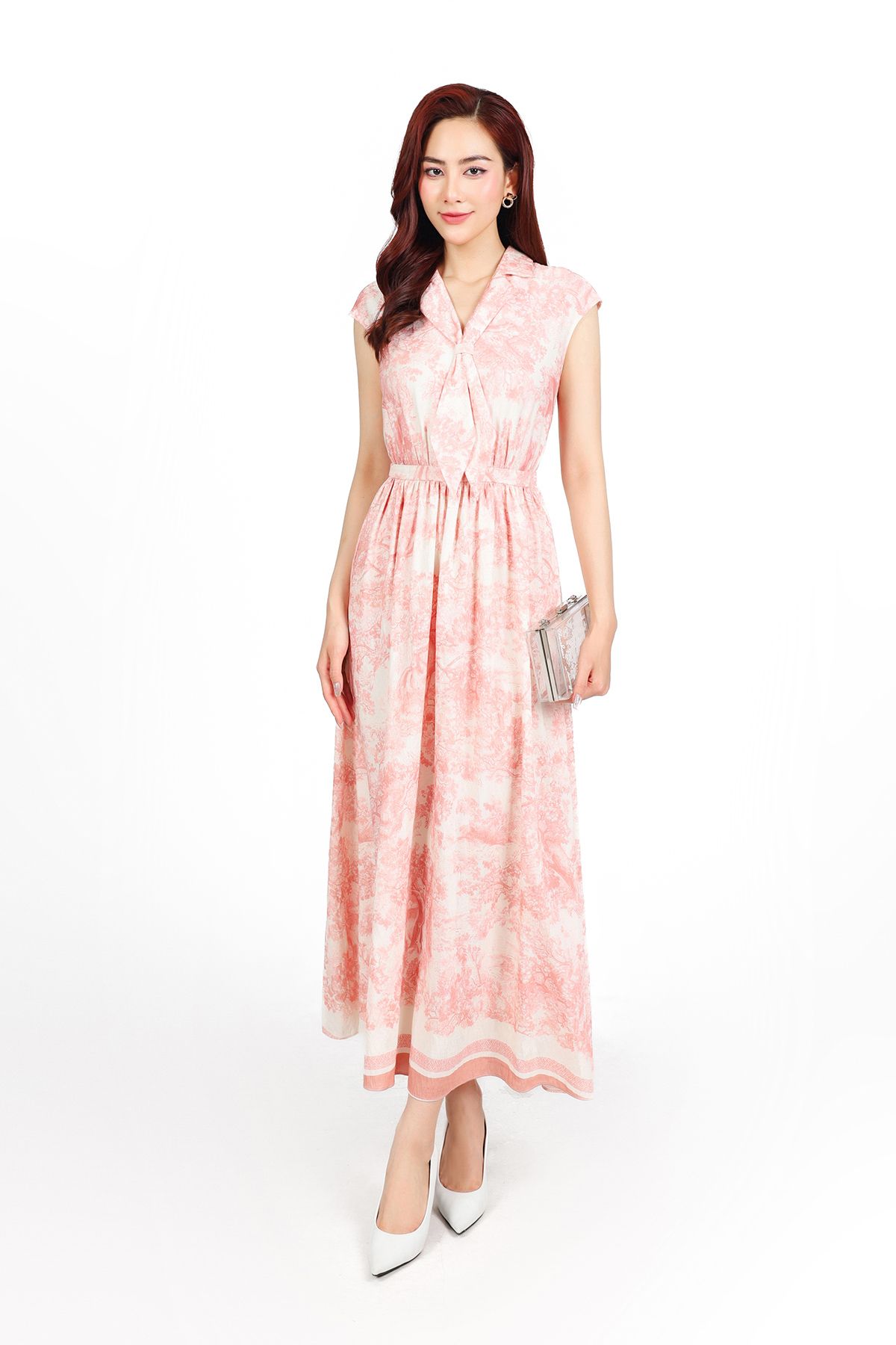 FDC15217 - Đầm công sở vải tơ hoa dáng suông cổ kiểu phối vạt thời trang vai chờm eo bo chun co giãn khoá thân sau - PANTIO