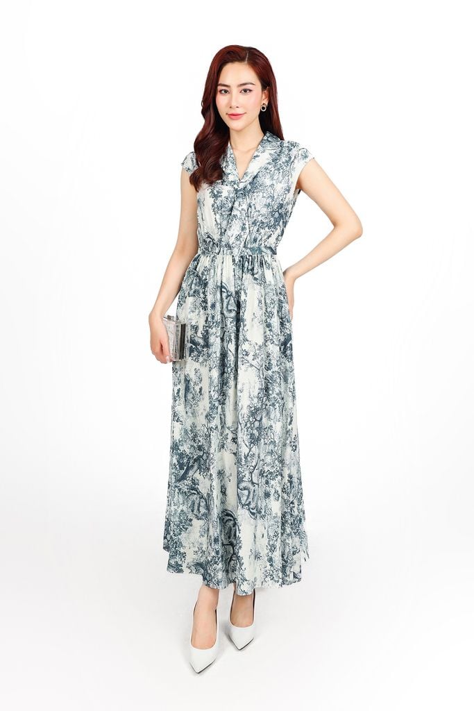 FDC15217 - Đầm công sở vải tơ hoa dáng suông cổ kiểu phối vạt thời trang vai chờm eo bo chun co giãn khoá thân sau - PANTIO