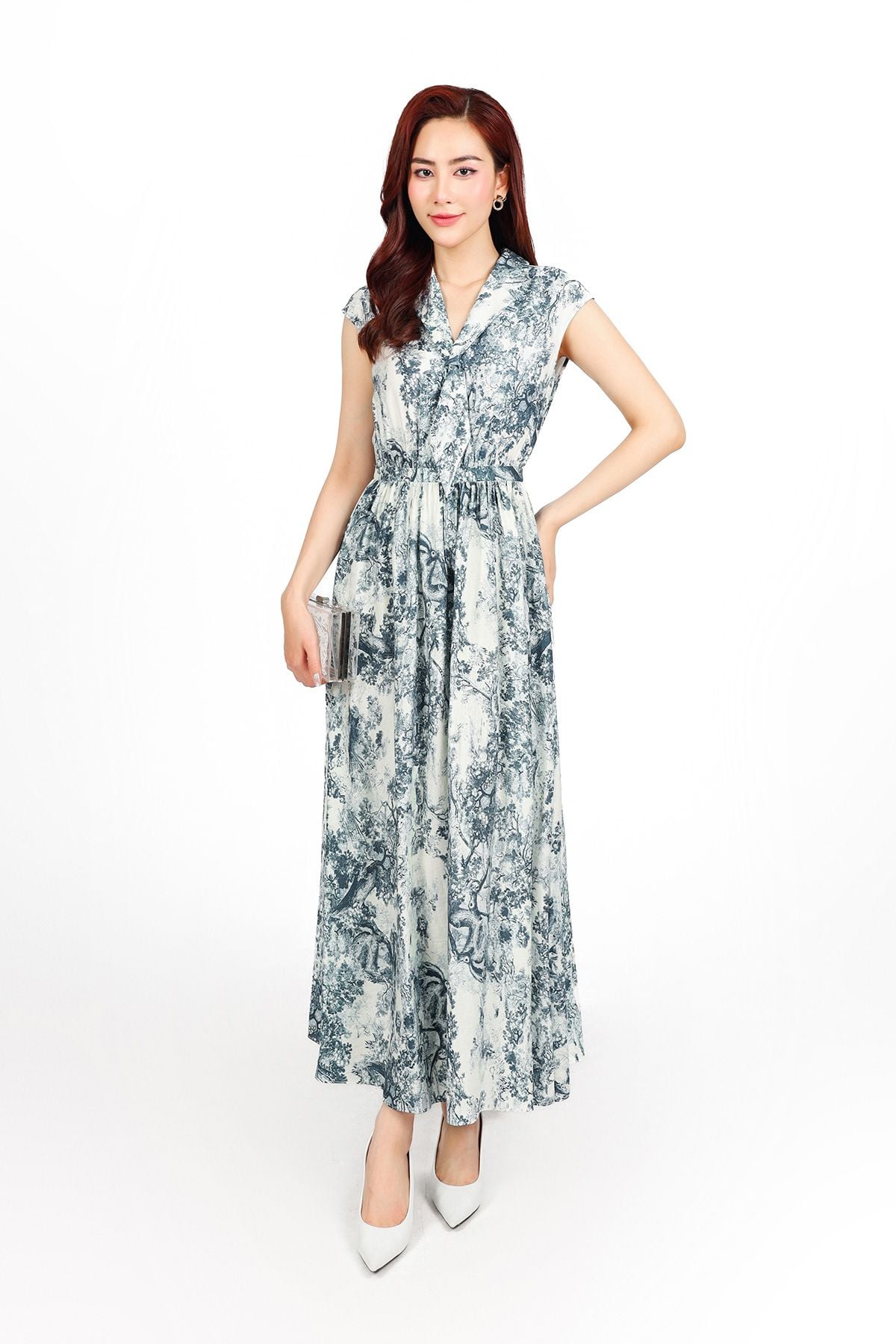 FDC15217 - Đầm công sở vải tơ hoa dáng suông cổ kiểu phối vạt thời trang vai chờm eo bo chun co giãn khoá thân sau - PANTIO