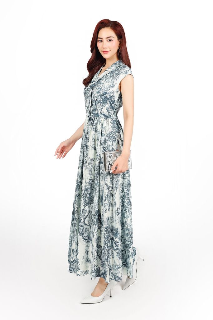 FDC15217 - Đầm công sở vải tơ hoa dáng suông cổ kiểu phối vạt thời trang vai chờm eo bo chun co giãn khoá thân sau - PANTIO