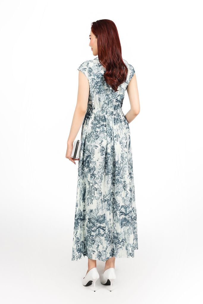 FDC15217 - Đầm công sở vải tơ hoa dáng suông cổ kiểu phối vạt thời trang vai chờm eo bo chun co giãn khoá thân sau - PANTIO