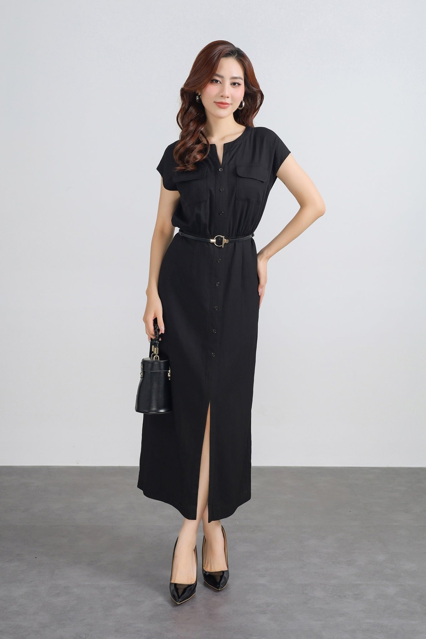 FDC15225 - Đầm công sở vải tuytsi dáng suông cổ tròn tay chờm thân áo đính nắp túi ốp phối khuy tạo kiểu - PANTIO