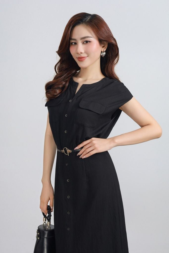 FDC15225 - Đầm công sở vải tuyp xy dáng suông cổ tròn tay chờm thân áo đính nắp túi ốp phối khuy tạo kiểu - PANTIO