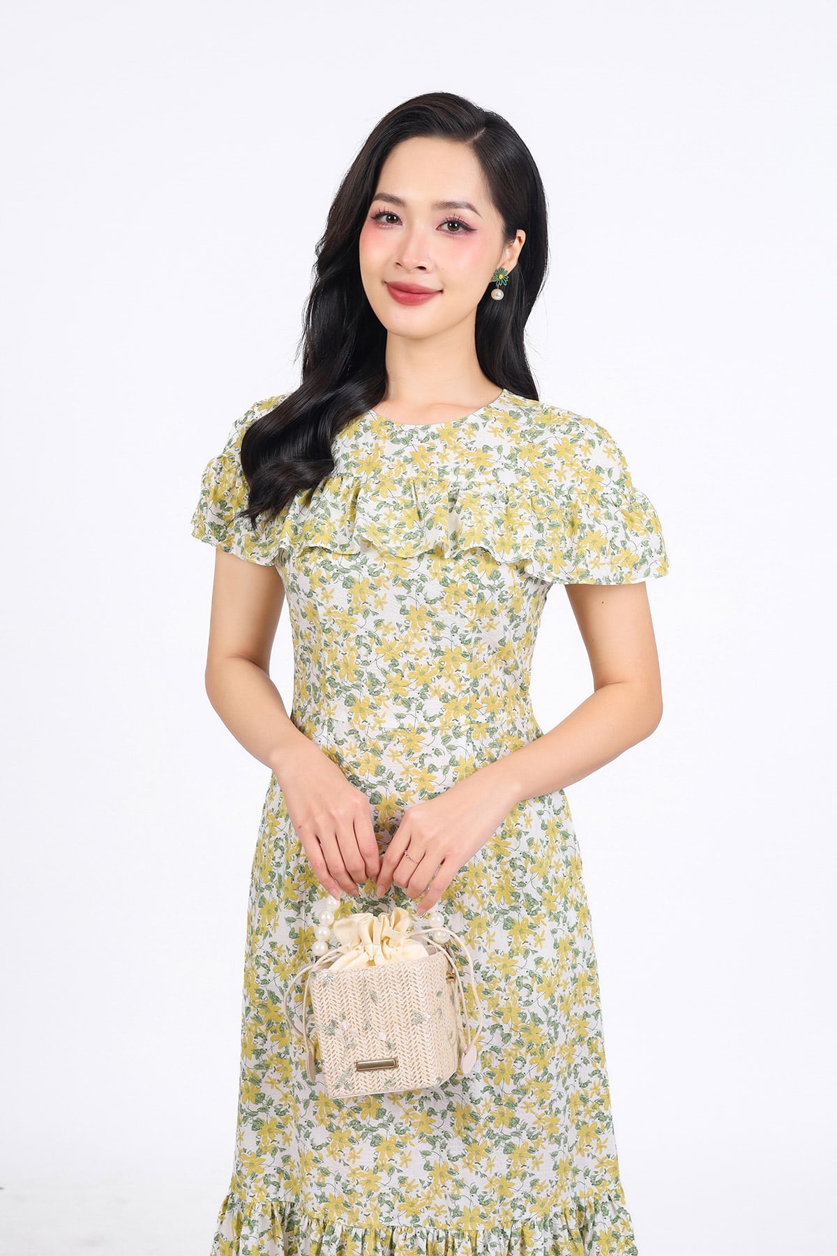 FDC15231 - Đầm công sở vải thô hoa dáng suông cổ tròn vai phối viền tạo kiểu gấu váy xếp nhún tạo xoè khóa thân sau - PANTIO