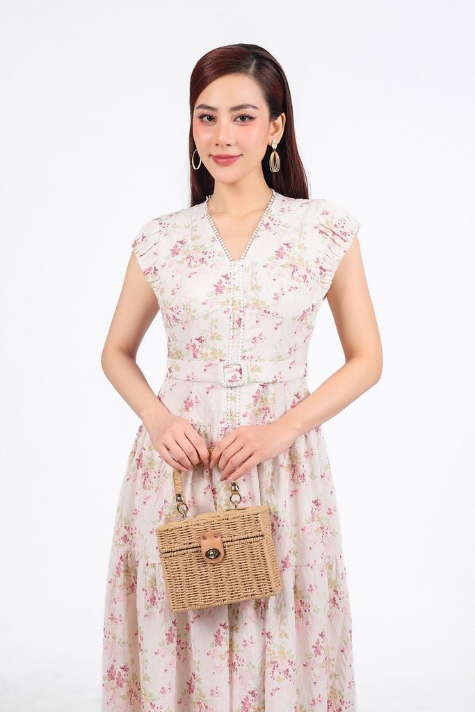 FDC15239 - Đầm công sở vải thô xốp cổ xẻ V vai chờm thân váy phối ly bung tạo xoè khoá thân sau - PANTIO
