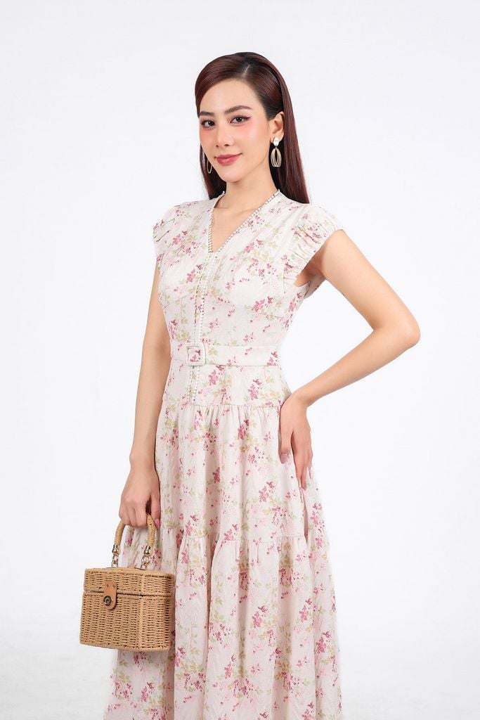 FDC15239 - Đầm công sở vải thô xốp cổ xẻ V vai chờm thân váy phối ly bung tạo xoè khoá thân sau - PANTIO