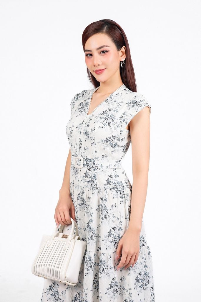 FDC15239 - Đầm công sở vải thô xốp cổ xẻ V vai chờm thân váy phối ly bung tạo xoè khoá thân sau - PANTIO