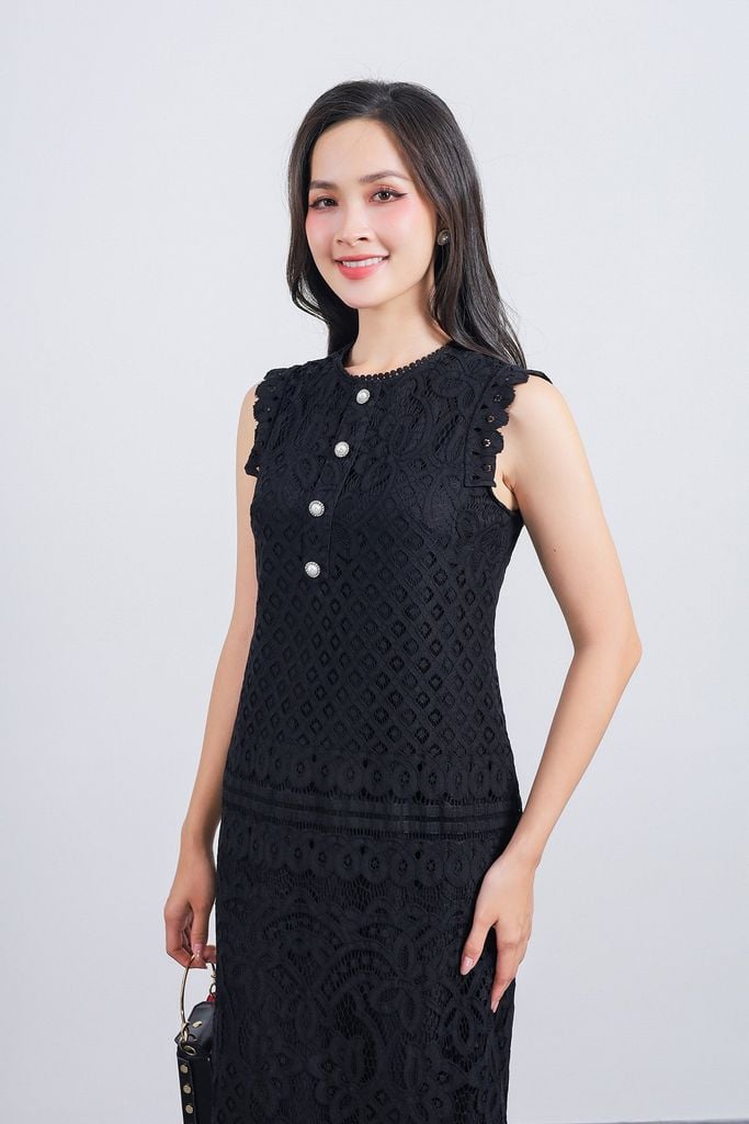FDC15243 - Đầm công sở vải ren hoa dáng suông cổ tròn không tay phối viền ren tạo kiểu - PANTIO