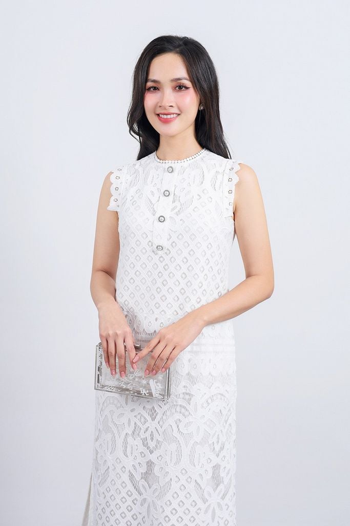 FDC15243 - Đầm công sở vải ren hoa dáng suông cổ tròn không tay phối viền ren tạo kiểu - PANTIO