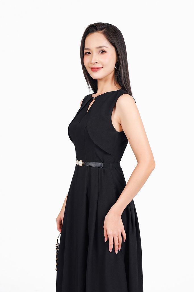 FDC15262 - Đầm công sở vải thô đũi dáng A ôm eo cổ tròn xẻ V thân váy xếp ly bung tạo xoè khoá thân sau - PANTIO