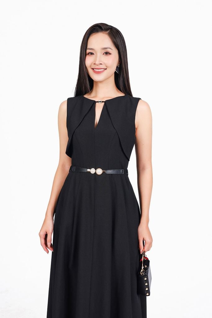 FDC15262 - Đầm công sở vải thô đũi dáng A ôm eo cổ tròn xẻ V thân váy xếp ly bung tạo xoè khoá thân sau - PANTIO