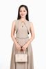 FDC15262 - Đầm công sở vải thô đũi dáng A ôm eo cổ tròn xẻ V thân váy xếp ly bung tạo xoè khoá thân sau - PANTIO