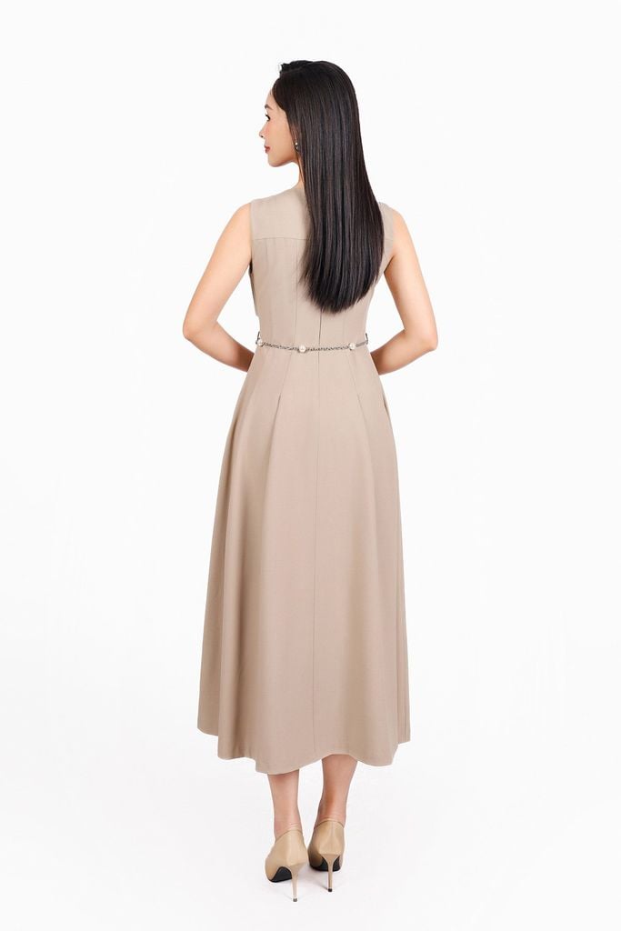 FDC15262 - Đầm công sở vải thô đũi dáng A ôm eo cổ tròn xẻ V thân váy xếp ly bung tạo xoè khoá thân sau - PANTIO