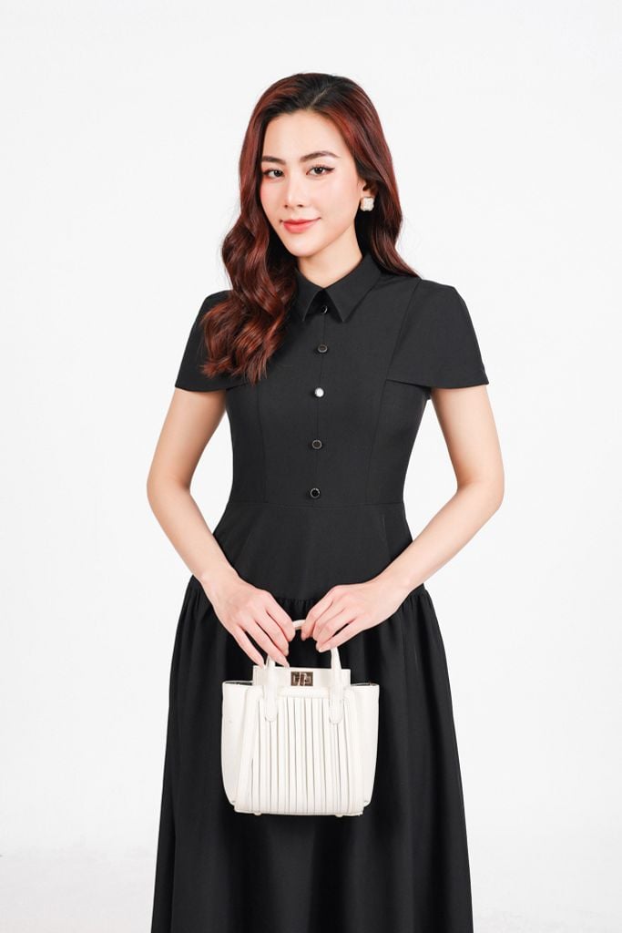 FDC15273 - Đầm công sở vải thô đũi dáng A cổ đức eo phối cạp bản to xếp nhún tạo kiểu khoá thân sau - PANTIO