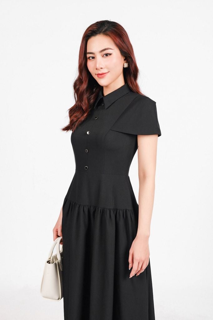 FDC15273 - Đầm công sở vải thô đũi dáng A cổ đức eo phối cạp bản to xếp nhún tạo kiểu khoá thân sau - PANTIO