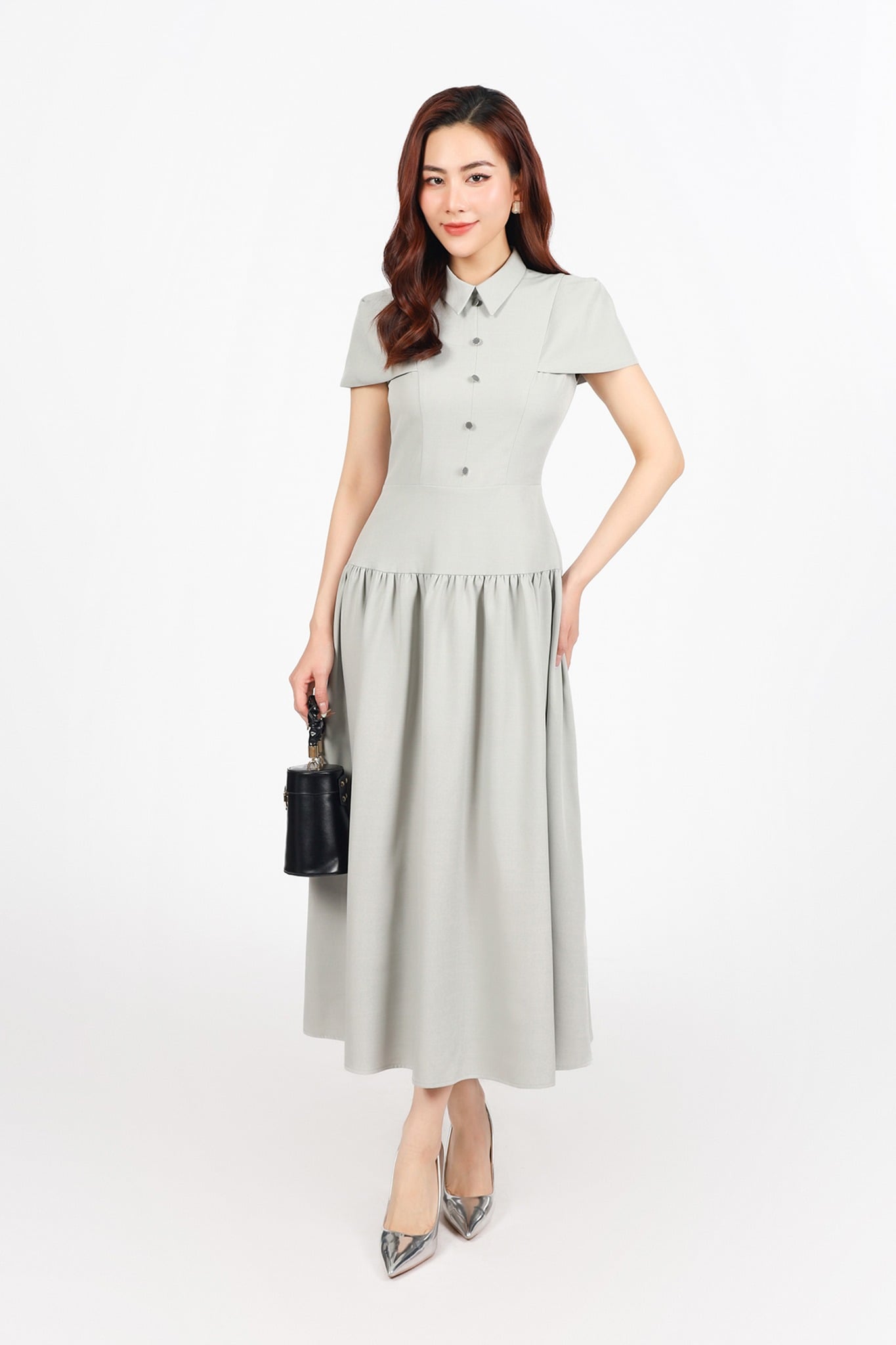 FDC15273 - Đầm công sở vải thô đũi dáng A cổ đức eo phối cạp bản to xếp nhún tạo kiểu khoá thân sau - PANTIO