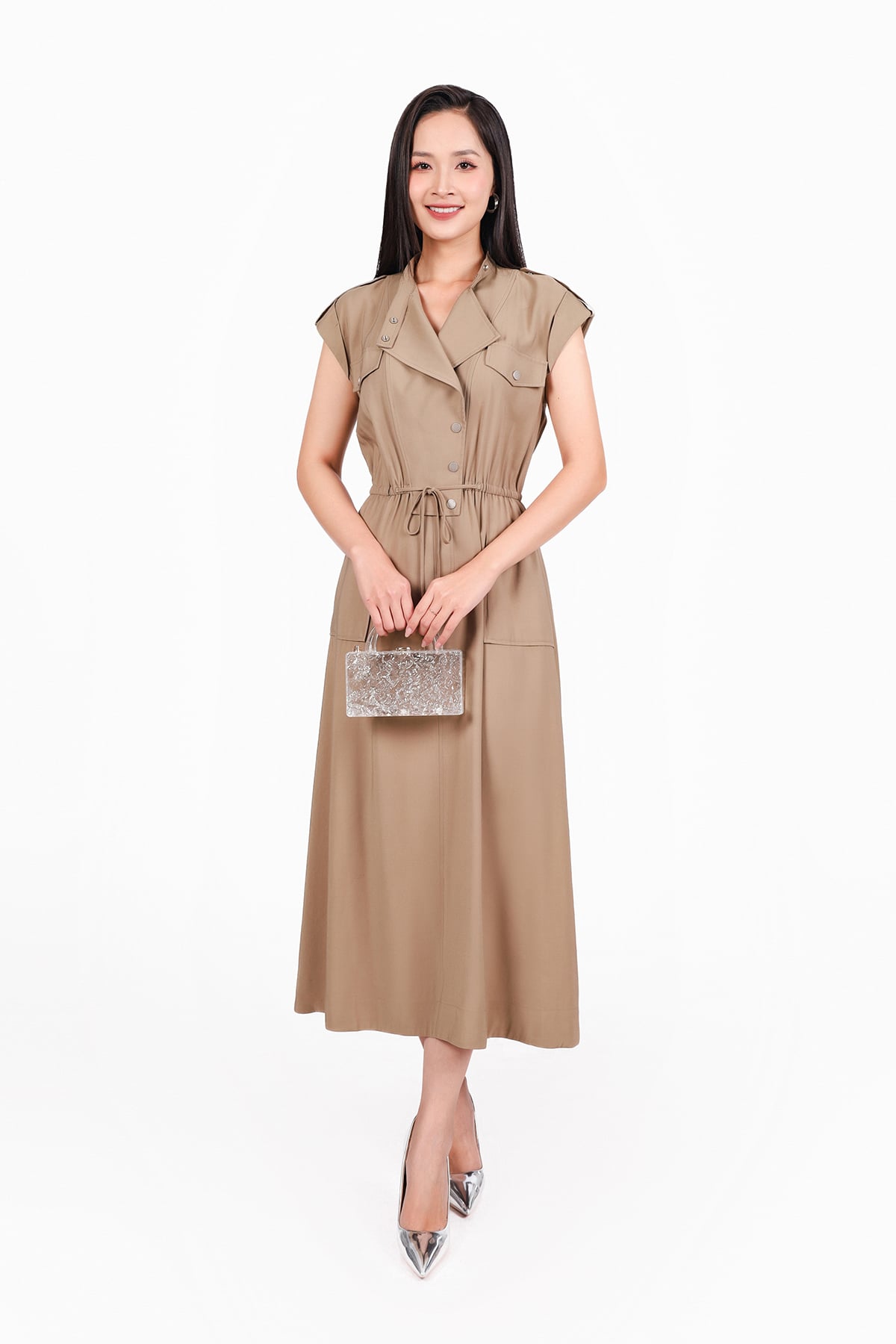 FDC15294 - Đầm công sở vải tuytsi dáng suông cổ hai ve vai chờm thân váy phối ly tạo kiểu eo bo chun co giãn - PANTIO