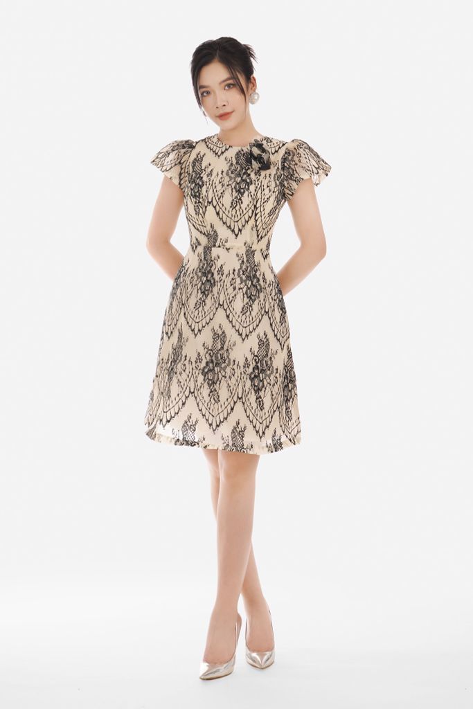 Đầm công sở ren lưới dáng chữ A ngắn tay FDC33116 - PANTIO